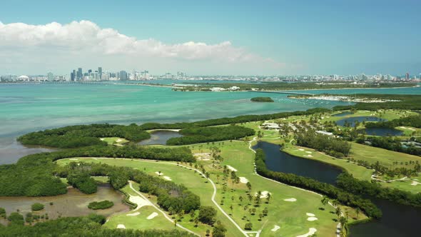 Golf course landscape by Miami bay scene 4k