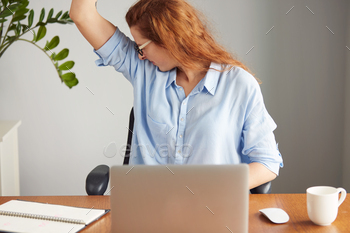 sting with bad smell of her wet armpit while working in the office. Something stinks, negative human emotions, facial expressions, feeling reaction