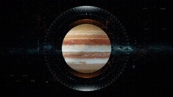 Jupiter in space with HUD interface elements. Jupiter with hologram design parts. Planet in cosmos