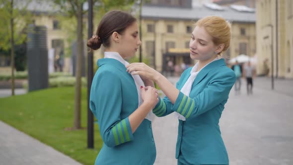 Side View Portrait of Professional Stewardess Helping Colleague with Scarf. Positive Young Slim