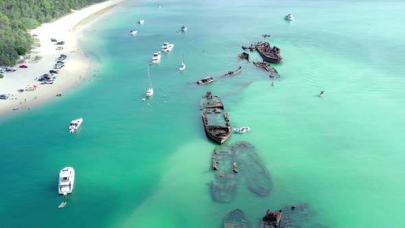 Aerial Flyover of Tangalooma Shipwrecks in Brisbane Australia in the Summer