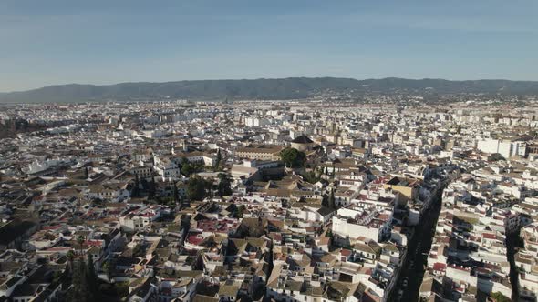 Expansive aerial view over medieval city of Cordoba, Spain