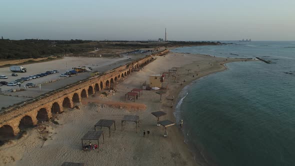 Aerial view of the Roman aqueduct at Caesarea Maritima