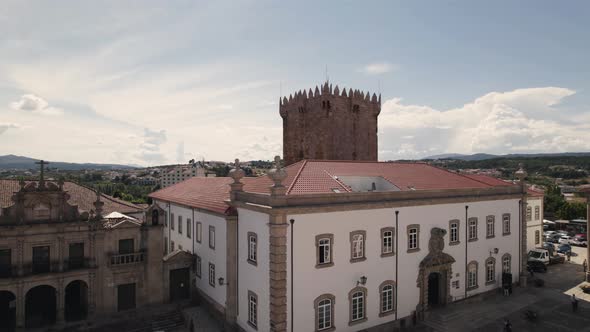 Castelo de Chaves, medieval castle in Chaves, Vila Real, Portugal. Aerial pedestal shot