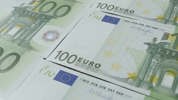 Shallow DOF green euro banknotes in a row  slow tilt  4K 2160p 30fps UltraHD  footage - European Uni