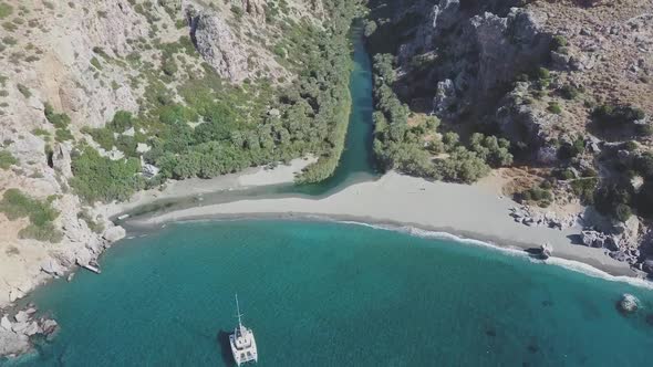 Drone aerial view Preveli lagoon river Crete