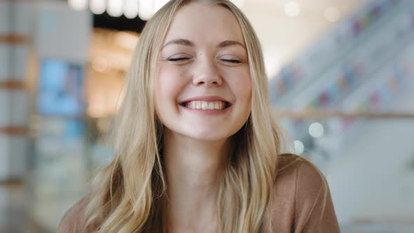 Closeup Satisfied Woman Happy Carefree Successful Cheerful Smiling Laughing Girl Blonde 30s Woman