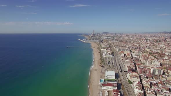 Aerial View of Beach, Sea, Railways and Hotels, Barcelona, Spain