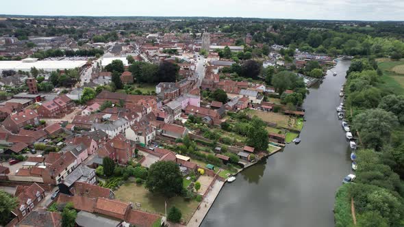 Beccles town in Suffolk UK rising drone aerial view