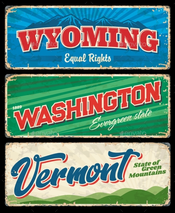 Washington Vermont and Wyoming USA State Signs
