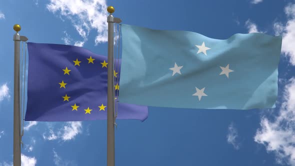 European Union Flag Vs Federated States Of Micronesia Flag On Flagpole