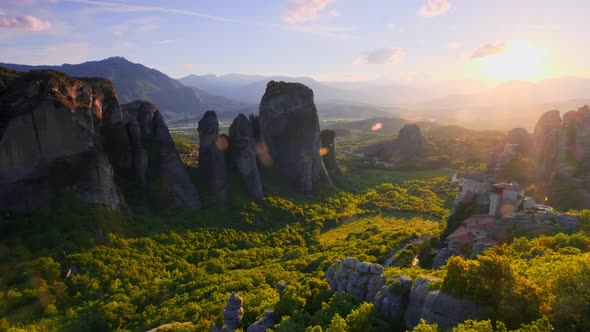 Meteora Monasteries in Greece on Sunset