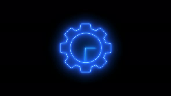 Gear Design Blue Neon Light Clock Isolated On Black Background