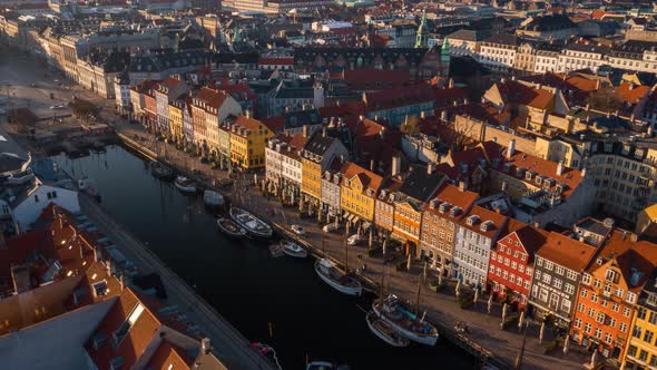 Hyperlapse Aerial Video on Nyhavn and Port in Denmark