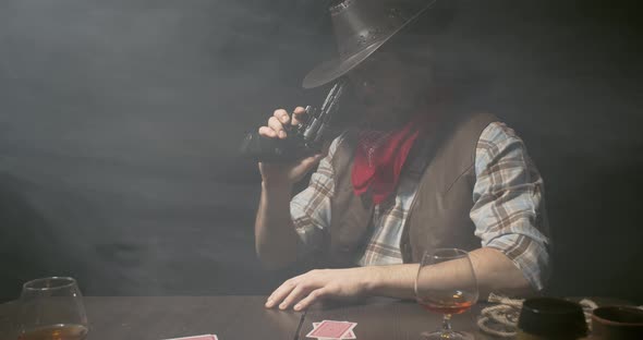 Cowboy is tipping his hat with a gun, smoking a cigar at the poker table, 4k