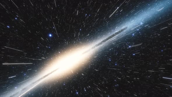 Spaceship Flies at the Speed of Light Through a Galaxy in Space