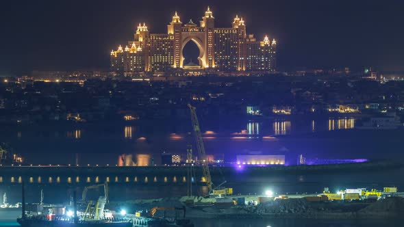 A Breathtaking Aerial View of the Palm Jumeirah at Night From a Rooftop Timelapse Dubai United Arab