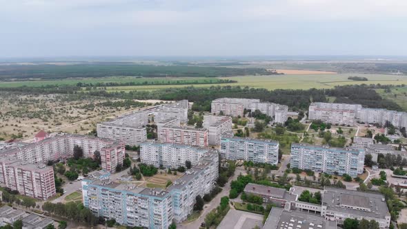 Aerial Panorama of Dwelling Blocks of Multistory Buildings Near Nature and River