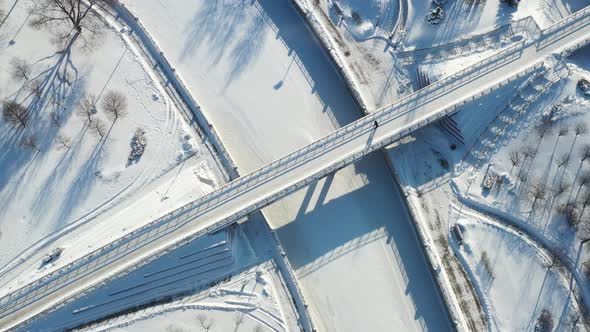 Top View of the Pedestrian Bridge Over the Frozen Svisloch River in Minsk