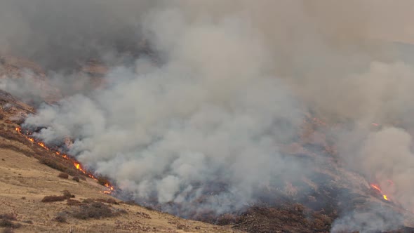 Wildfire burning through grass and brush on mountainside