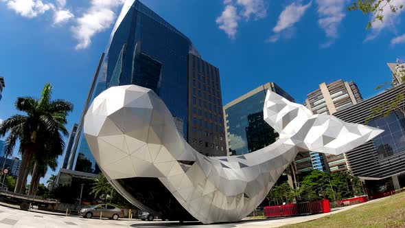 Timelapse famous Whale Monument at Faria Lima Avenue at downtown Sao Paulo.