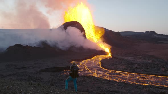 Photographer Filming Lava Erupting From Fagradalsfjall Volcano