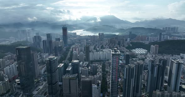 Aerial footage of landscape in downtown of shenzhen city, China