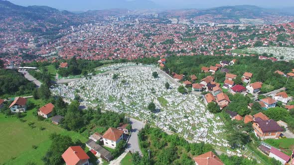 Flying over Bosnian town with Muslim graveyards