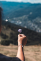 Purple flowers in hand on a background of mountains - PhotoDune Item for Sale
