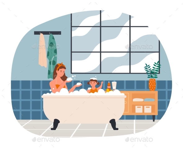 Mother Is Taking a Bath with Her Daughter at Home