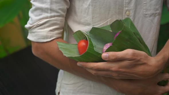 Eco-friendly Product Packaging Concept, Vegetables Wrapped in a Banana Leaf