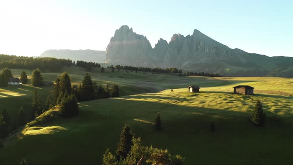 Aerial video of the sunrise in the Dolomites mountains