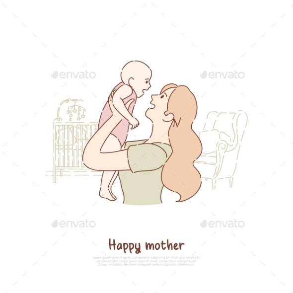 Happy Mother Holding Newborn Child Cheerful Lady