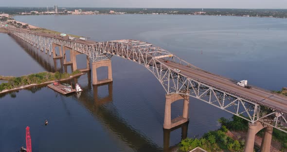 Aerial of cars traveling over the Calcasieu River Bridge in Lake Charles, Louisiana