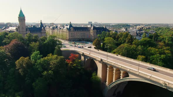 Establishing Aerial Shot of Luxembourg City with Landmark Adolphe Bridge