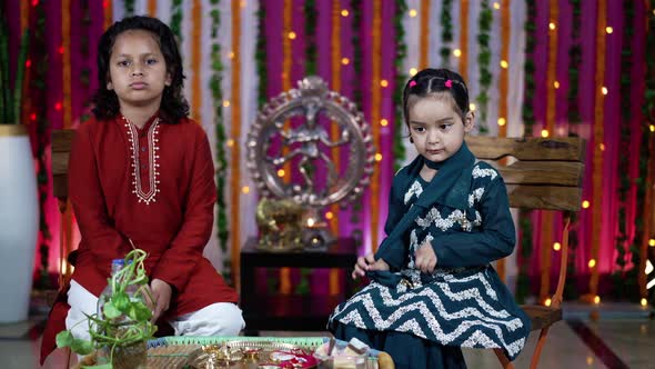 Indian Children Wearing Ethnic Indian Dress During Raksha Bandhan