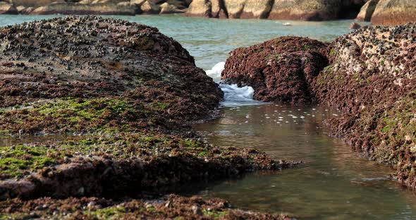 Sea waves crash against the rock 