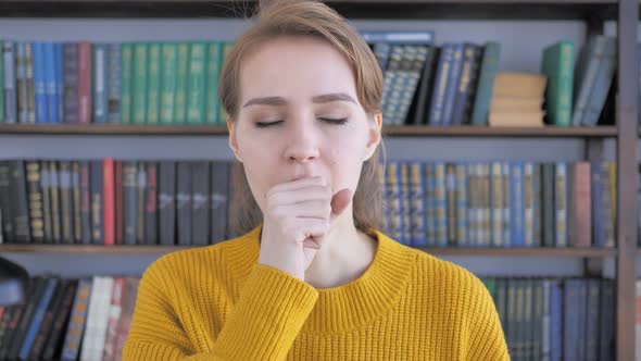 Cough, Portrait of Sick Woman Coughing at Work