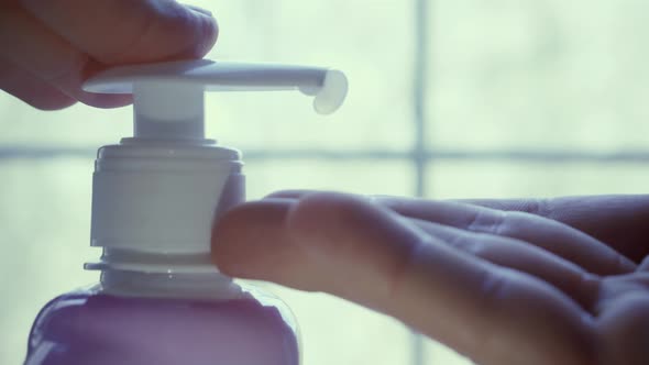Man Use Cream Or Lotion. Antibacterial Disinfecting Hygienic Cleansing. Wash Hand With Liquid Soap.