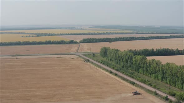 Two Harvesters on the Field. Harvesting of Wheat in Summer. Two Red Harvesters Working in the Field