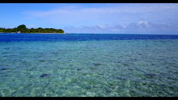 Aerial drone sky of paradise tourist beach holiday by blue sea with white sandy background of a dayo