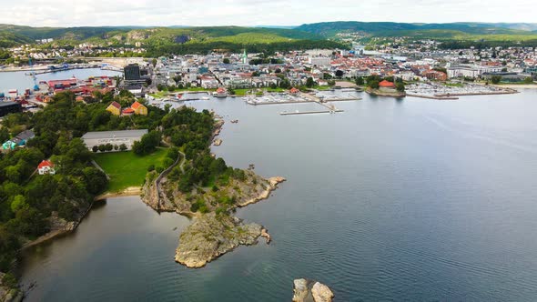 Drone view of Kristiansand and Kvadraturen from Oderoya, Norway