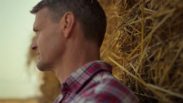 Farmer Observing Harvesting Field Closeup