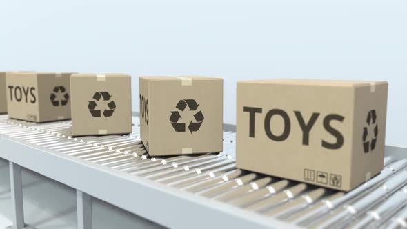 Cartons with Toys on Roller Conveyor