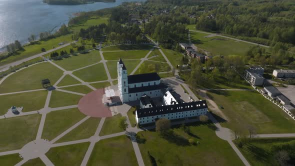 Beautiful Aerial View of the White Chatolic Church Basilica in Latvia Aglona alt