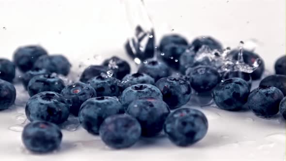 Super Slow Motion on the Blueberries Pouring Water