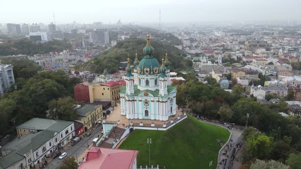 Kyiv, Ukraine Aerial View in Autumn : St. Andrew's Church. Kiev