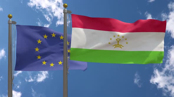 European Union Flag Vs Tajikistan Flag On Flagpole