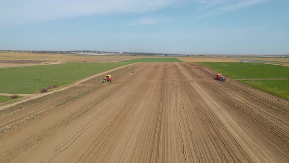 Aerial Tilt Drone Shot of Harvest at Southern District Field in Sdot Negev, Israel