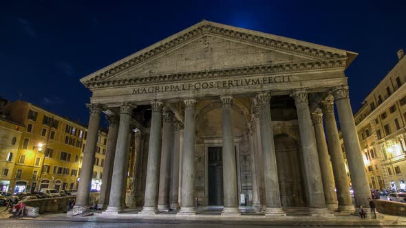 Night Timelapse Hyperlapse of Pantheon Ancient Architecture of Rome Italy